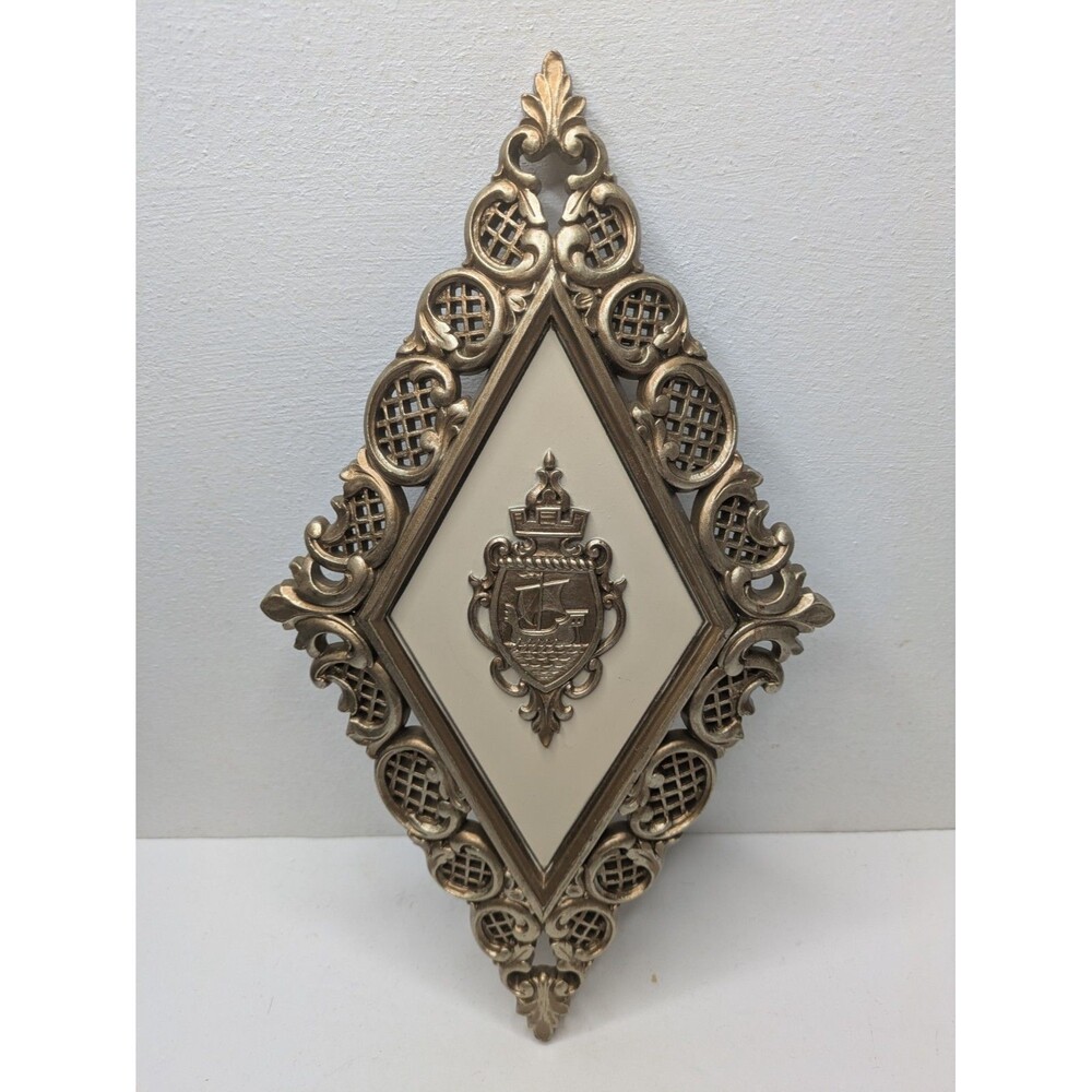 Homco Syroco VIKING SHIP Gold Diamond Shape Wall Decor Plaque USA MCM Vintage